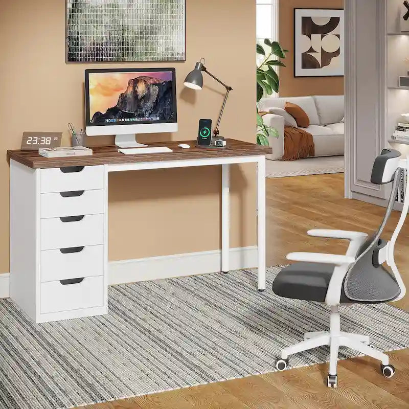 Contemporary Minimalist Computer Desk with 5 Drawer Storage for Study and Writing 34