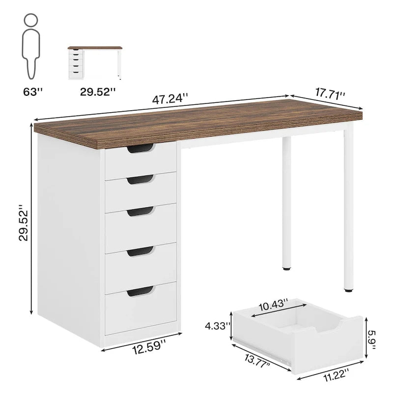 Contemporary Minimalist Computer Desk with 5 Drawer Storage for Study and Writing 35