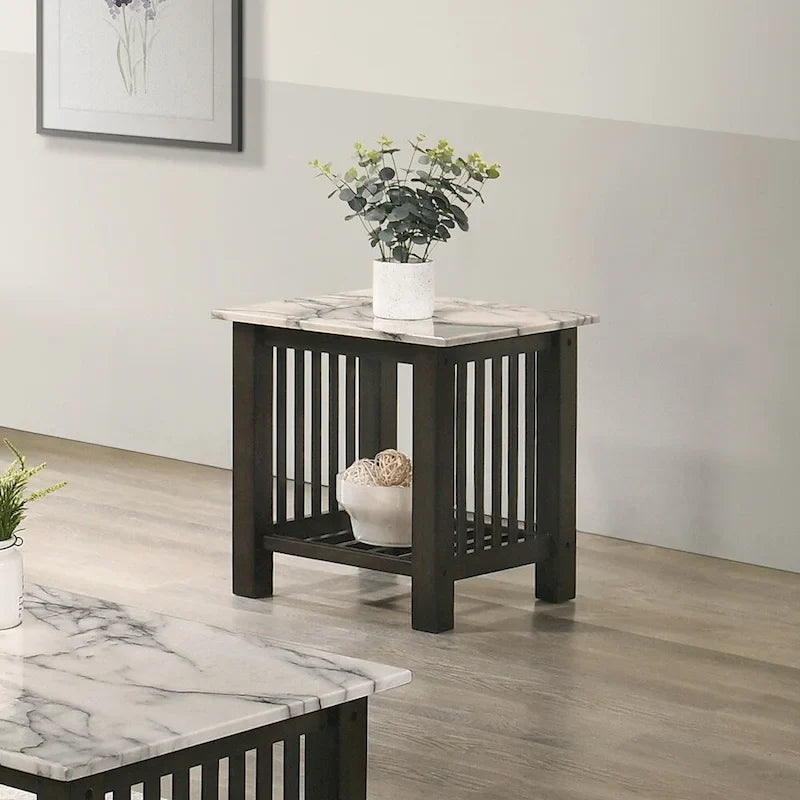 Antique Walnut End Table with Faux Marble Top in Black 2