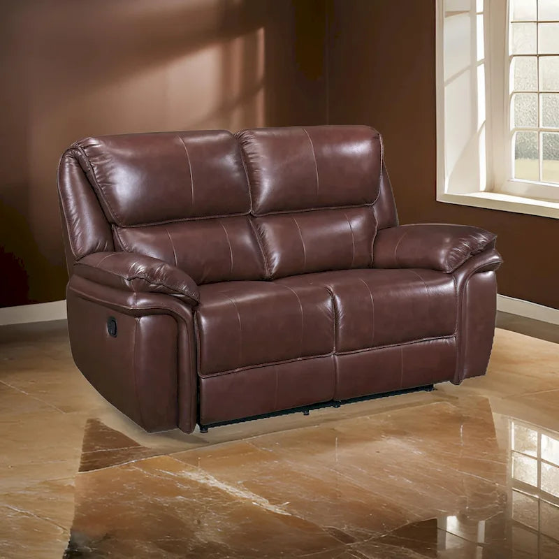 Jack 66-Inch Manual Recliner Loveseat in Plush Brown Top Grain Leather with Wood Accents 1