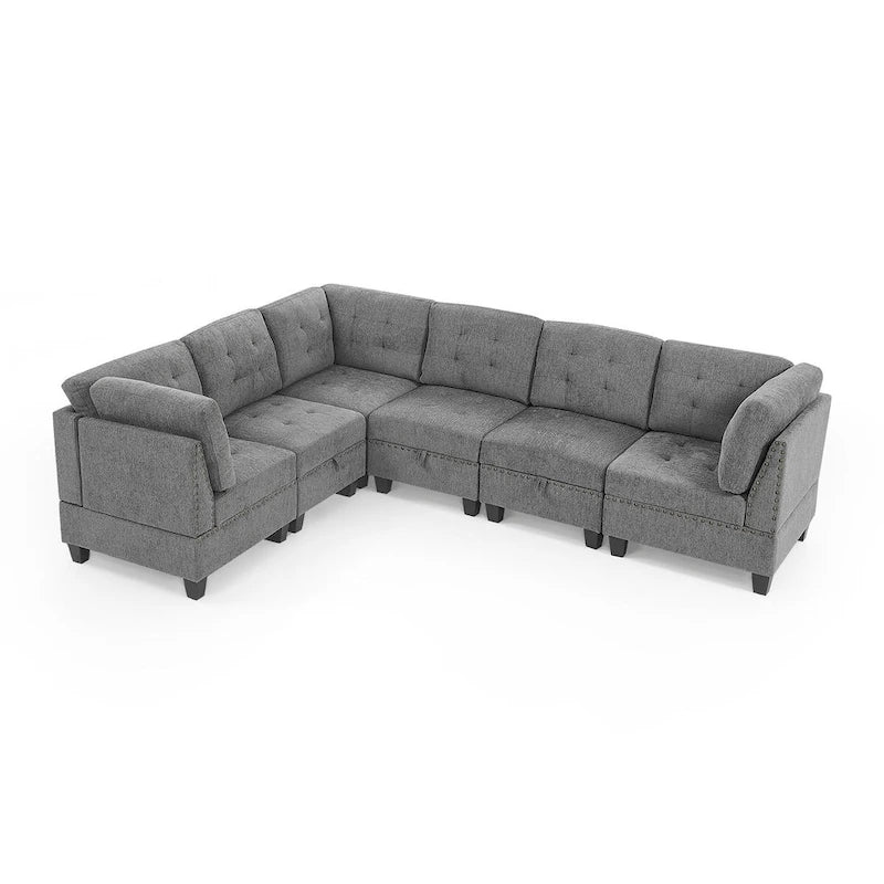 Grey Chenille L-Shaped Modular Sectional Sofa Set with Three Individual Chairs and Three Corner Pieces - Dimensions: 116W x 89.5D x 36.5H 1