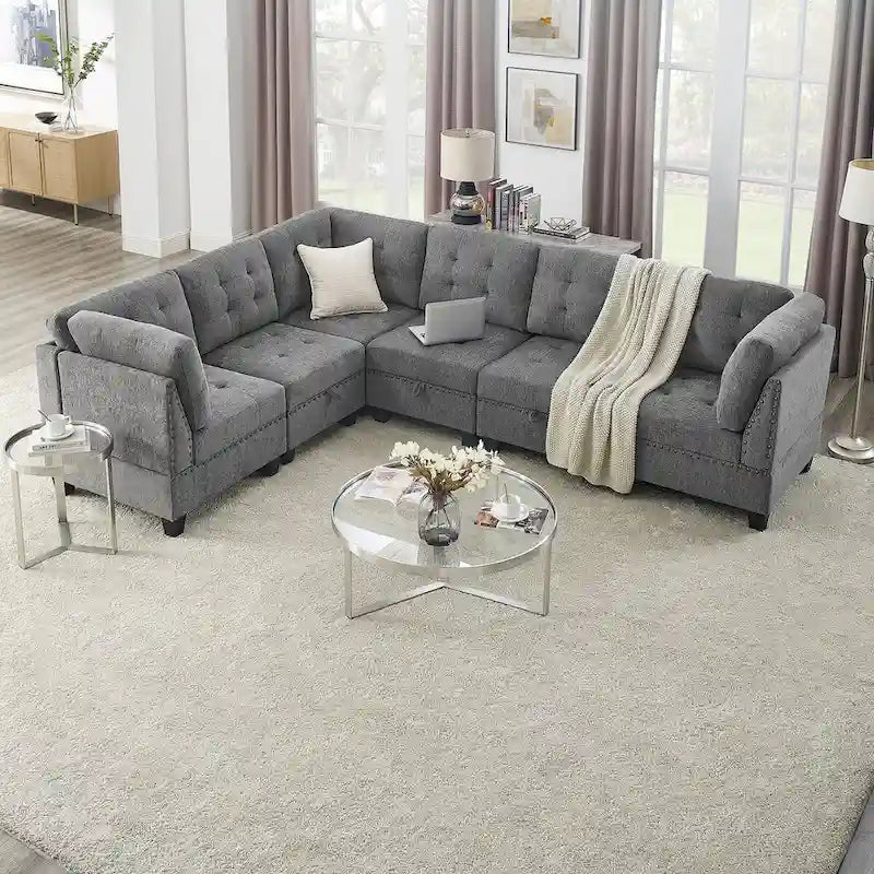 Grey Chenille L-Shaped Modular Sectional Sofa Set with Three Individual Chairs and Three Corner Pieces - Dimensions: 116W x 89.5D x 36.5H 16