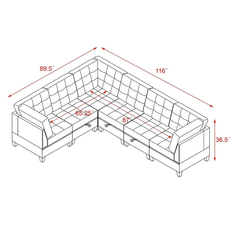 Grey Chenille L-Shaped Modular Sectional Sofa Set with Three Individual Chairs and Three Corner Pieces - Dimensions: 116W x 89.5D x 36.5H 17