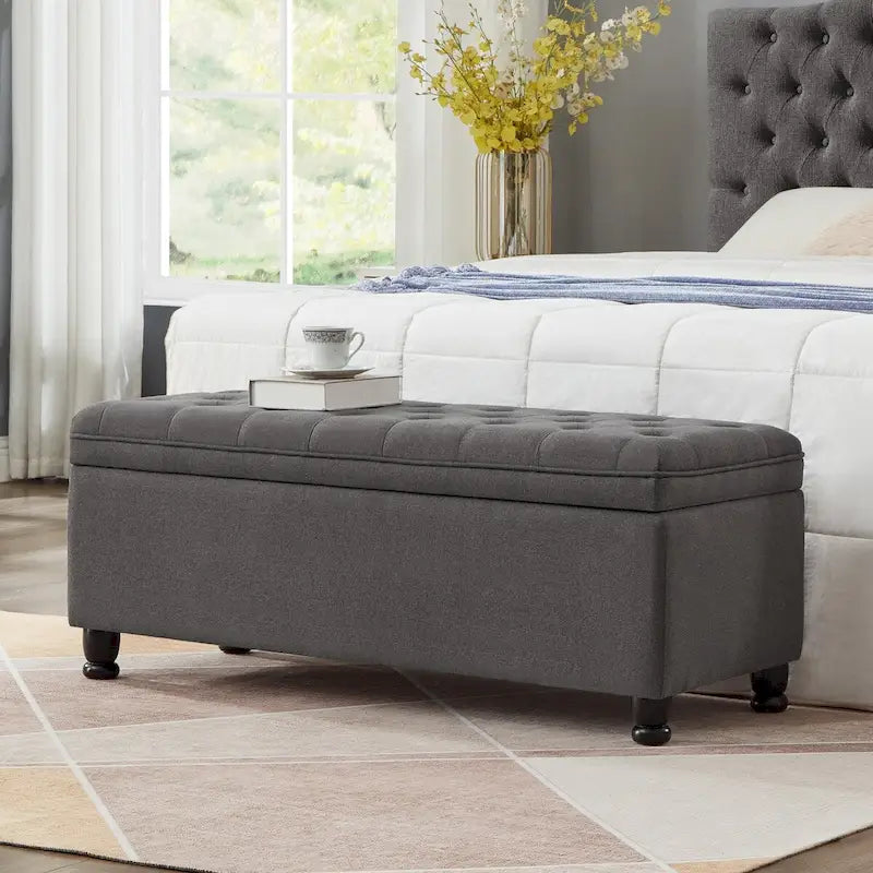 Tufted Storage Ottoman Bench with Upholstered Seat and Wooden Legs 10
