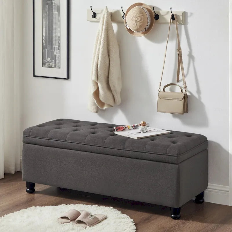 Tufted Storage Ottoman Bench with Upholstered Seat and Wooden Legs