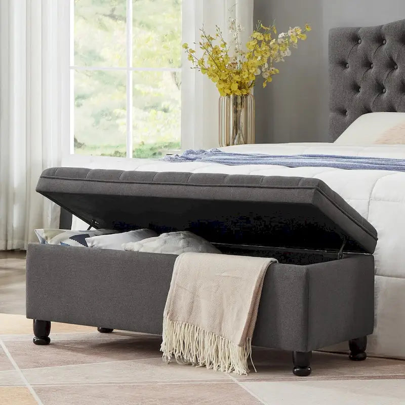 Tufted Storage Ottoman Bench with Upholstered Seat and Wooden Legs 9