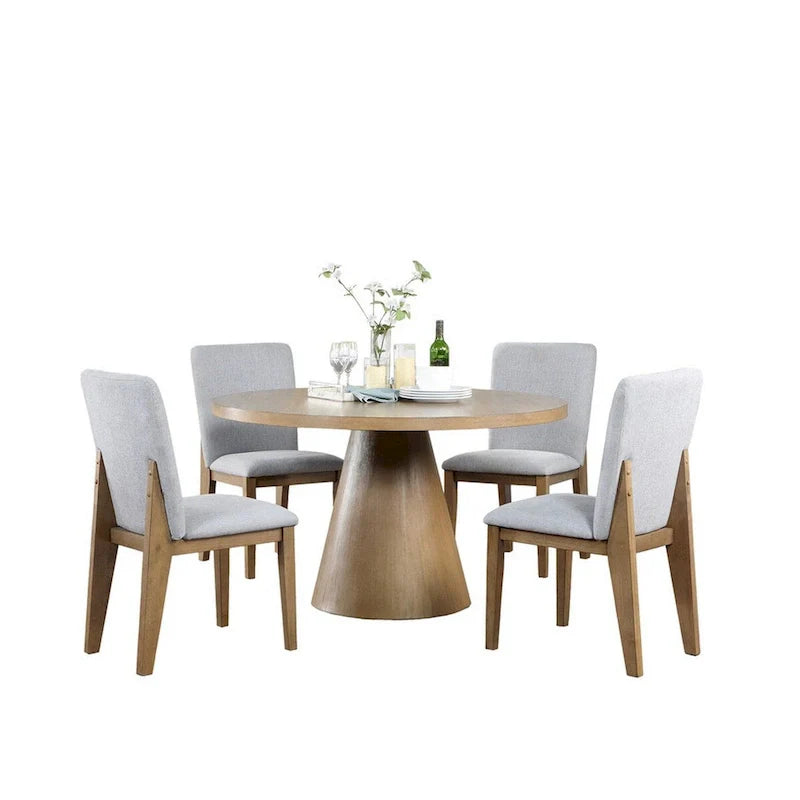 5-Piece Round Dining Table Set with Gray Linen Chairs - Seats 4 1