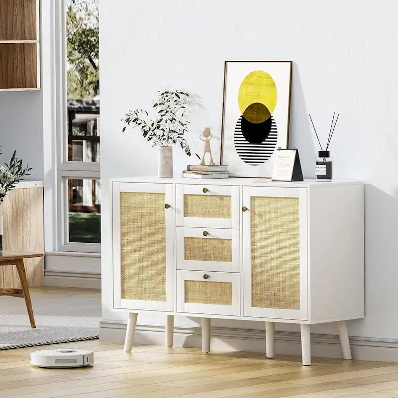 Anmytek 47.2" Mid-Century Modern White Buffet/Sideboard with Rattan Storage and Drawers 1