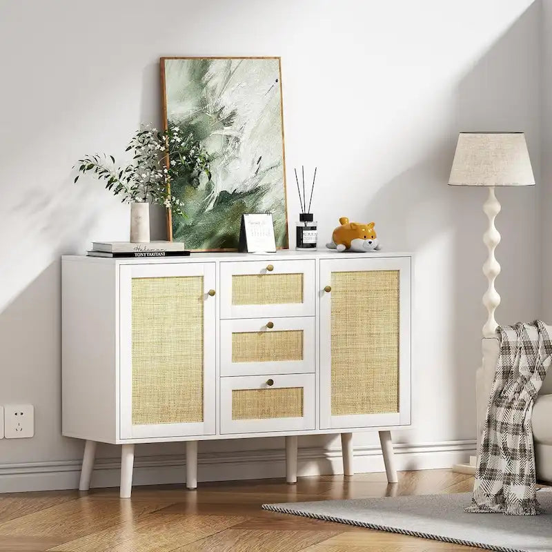 Anmytek 47.2" Mid-Century Modern White Buffet/Sideboard with Rattan Storage and Drawers 2