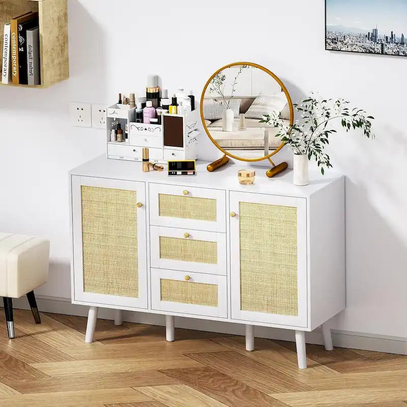 Anmytek 47.2" Mid-Century Modern White Buffet/Sideboard with Rattan Storage and Drawers 4