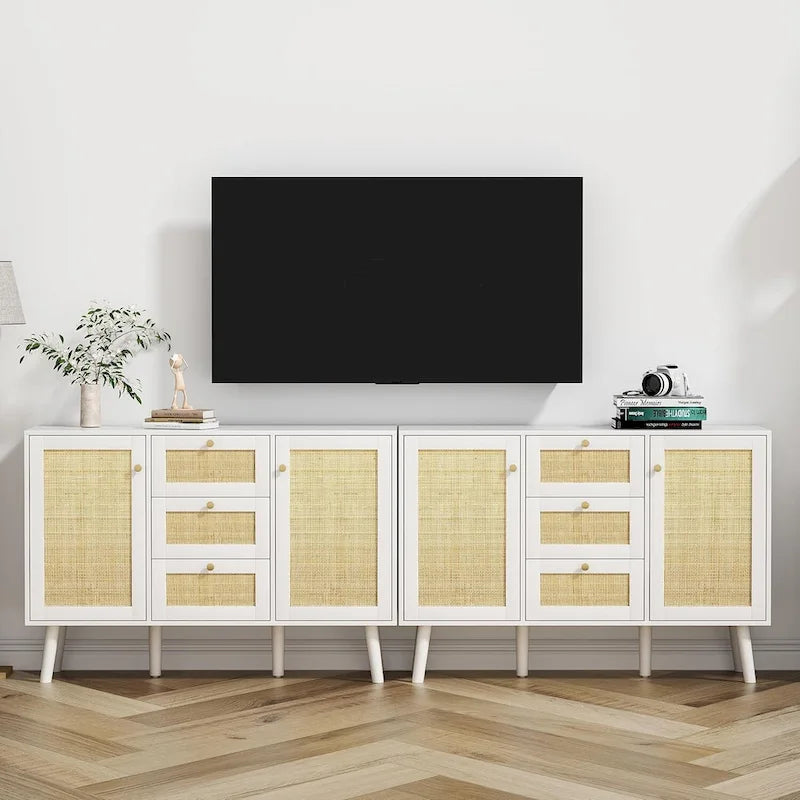 Anmytek 47.2" Mid-Century Modern White Buffet/Sideboard with Rattan Storage and Drawers 5