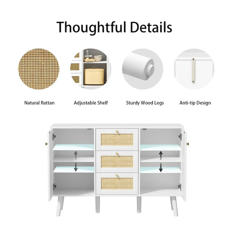 Anmytek 47.2" Mid-Century Modern White Buffet/Sideboard with Rattan Storage and Drawers 7