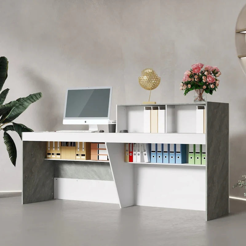 White Reception Desk with Computer Surface and Four Shelves 1