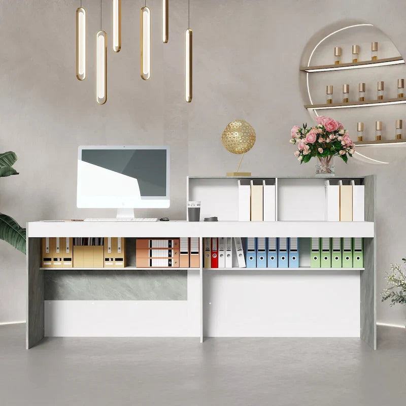 White Reception Desk with Computer Surface and Four Shelves 2