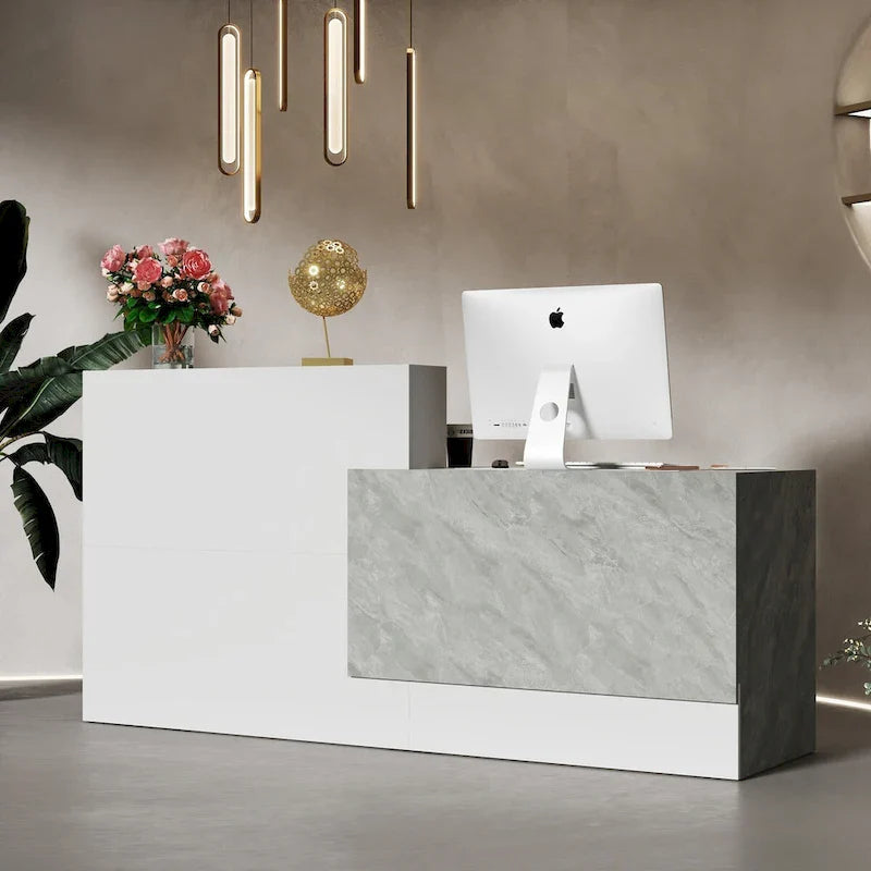 White Reception Desk with Computer Surface and Four Shelves 3