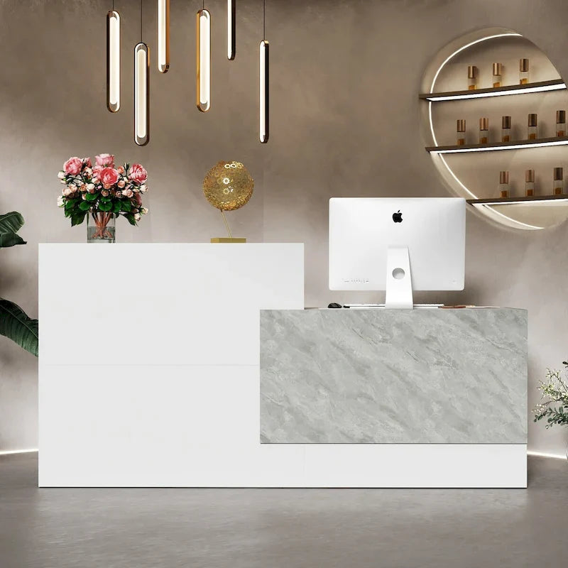 White Reception Desk with Computer Surface and Four Shelves 4