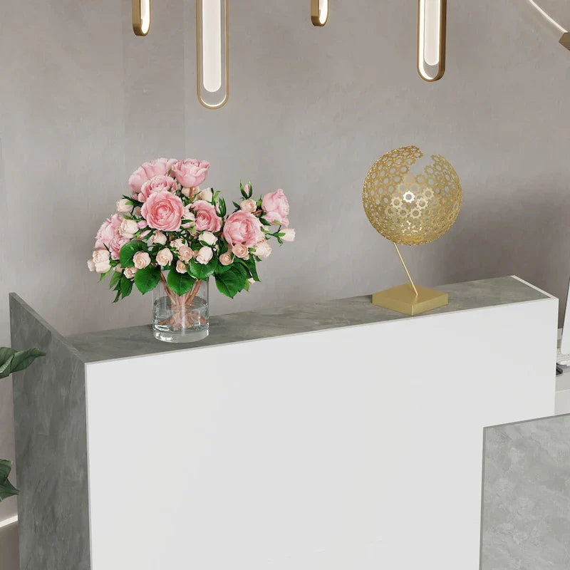 White Reception Desk with Computer Surface and Four Shelves 7