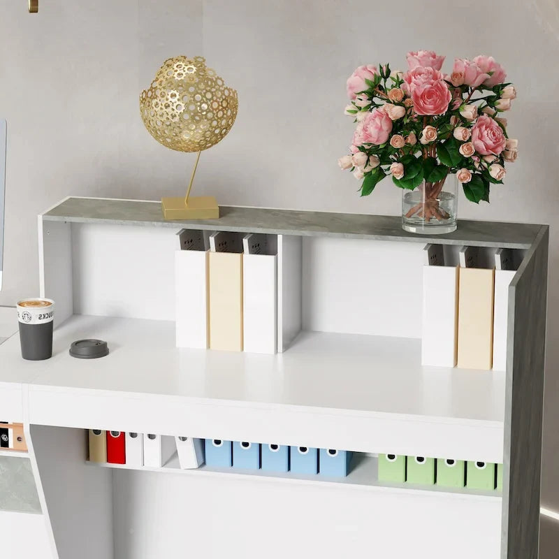 White Reception Desk with Computer Surface and Four Shelves 8