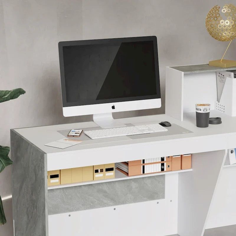 White Reception Desk with Computer Surface and Four Shelves 9