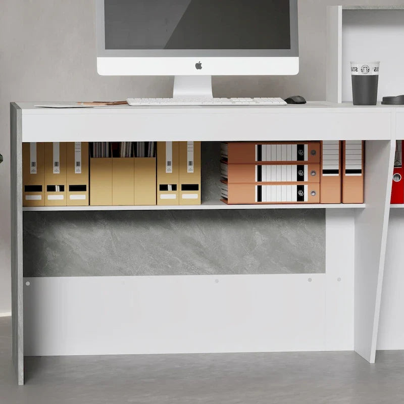 White Reception Desk with Computer Surface and Four Shelves 10