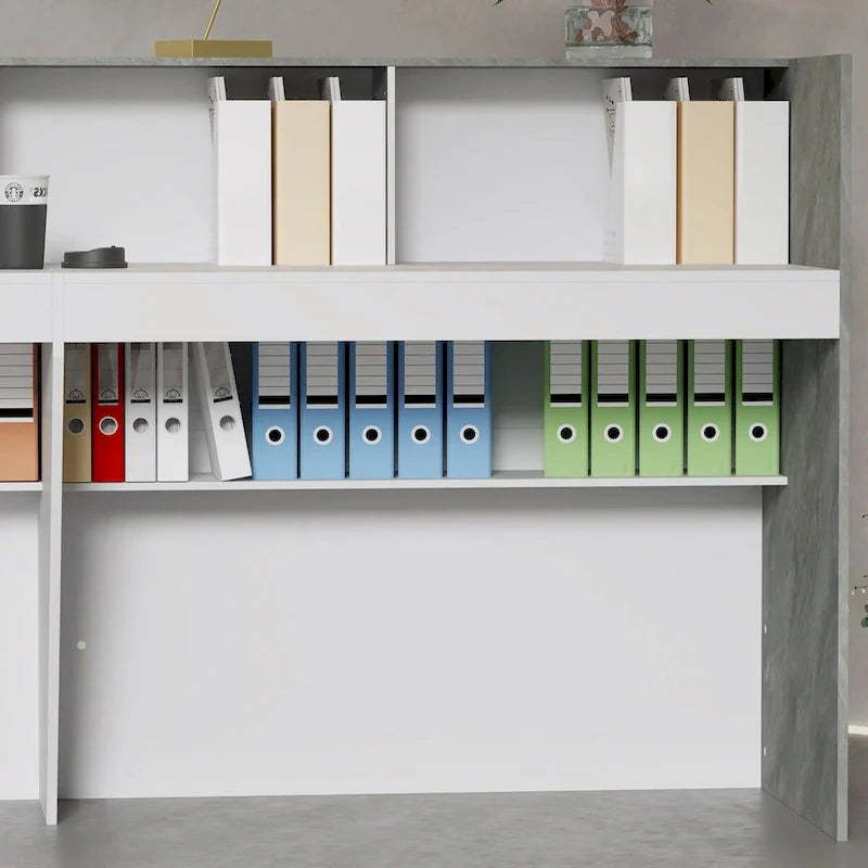 White Reception Desk with Computer Surface and Four Shelves 11