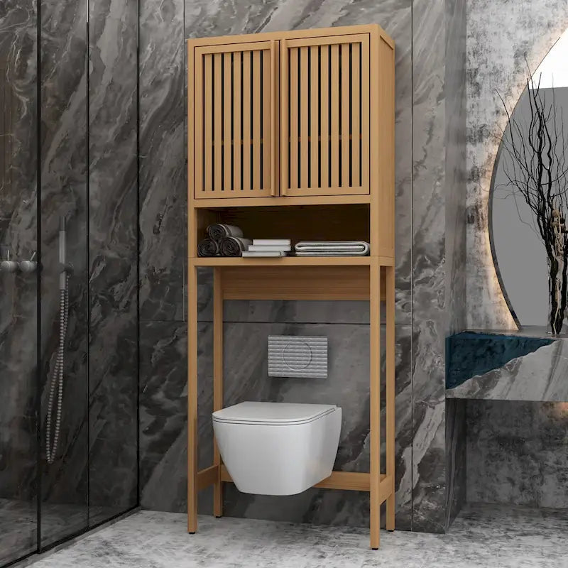 Bamboo Over-The-Toilet Storage Cabinet with Shelf and Double Doors 1
