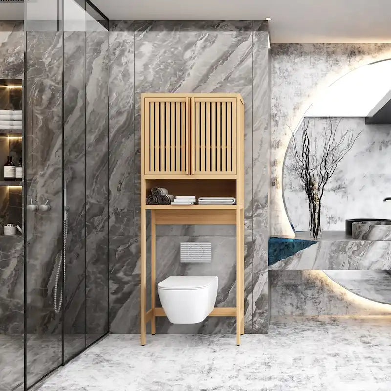 Bamboo Over-The-Toilet Storage Cabinet with Shelf and Double Doors 2