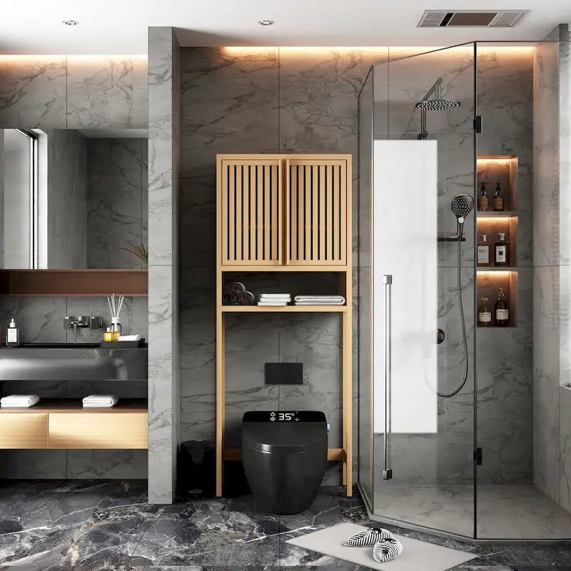 Bamboo Over-The-Toilet Storage Cabinet with Shelf and Double Doors 3