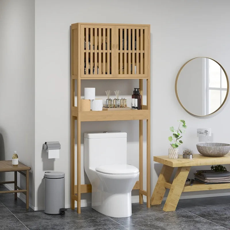 HOMCOM Bamboo Over-the-Toilet Storage Cabinet with Slatted Doors and Adjustable Shelf - Bathroom Organizer 9