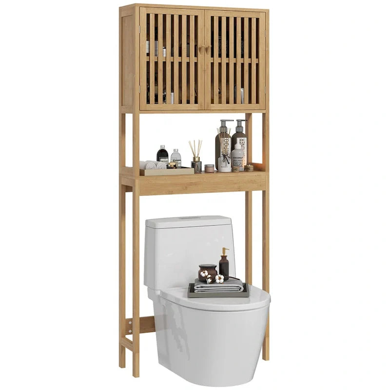 HOMCOM Bamboo Over-the-Toilet Storage Cabinet with Slatted Doors and Adjustable Shelf - Bathroom Organizer 2