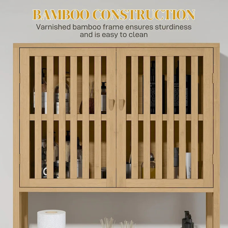 HOMCOM Bamboo Over-the-Toilet Storage Cabinet with Slatted Doors and Adjustable Shelf - Bathroom Organizer 5