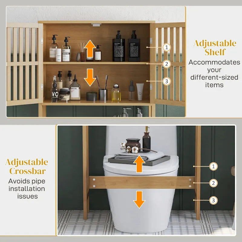 HOMCOM Bamboo Over-the-Toilet Storage Cabinet with Slatted Doors and Adjustable Shelf - Bathroom Organizer 6