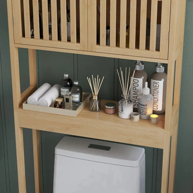 HOMCOM Bamboo Over-the-Toilet Storage Cabinet with Slatted Doors and Adjustable Shelf - Bathroom Organizer 8