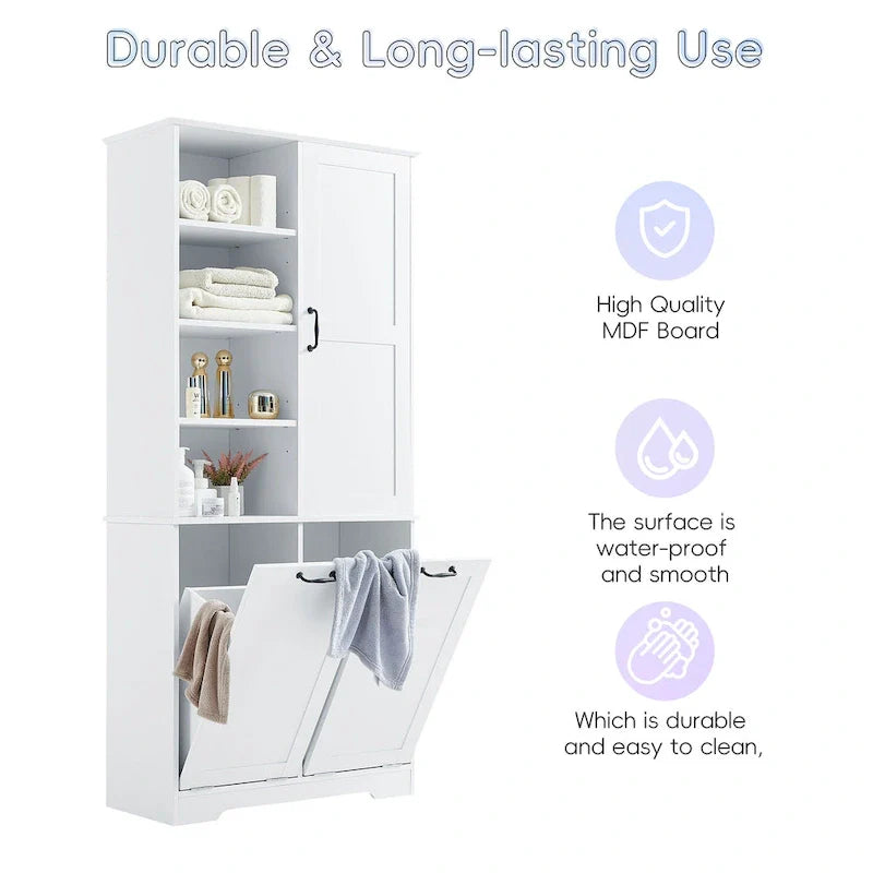 Multi-Functional Bathroom Storage Cabinet with Doors, Drawers, and Tilt-Out Laundry Hamper 7