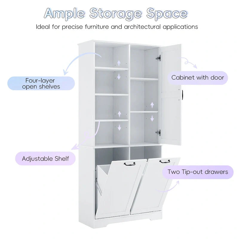 Multi-Functional Bathroom Storage Cabinet with Doors, Drawers, and Tilt-Out Laundry Hamper 9