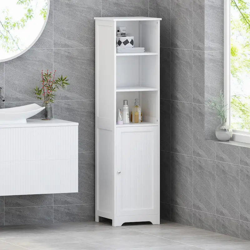 63-Inch White Freestanding Bathroom Linen Cabinet with Adjustable Shelves and Single Door 2