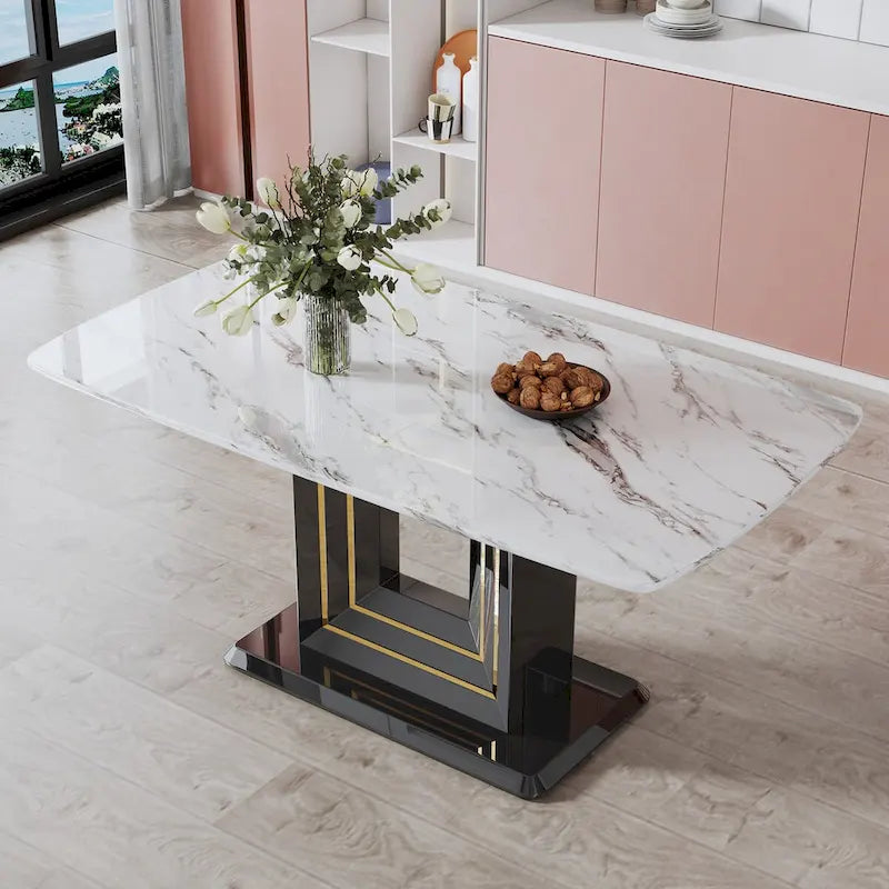 Elegant Dining Table with White Imitation Marble Top, Black MDF Legs Featuring Gold Accents, and a Stylish Black Base 1