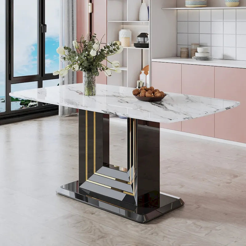 Elegant Dining Table with White Imitation Marble Top, Black MDF Legs Featuring Gold Accents, and a Stylish Black Base 2