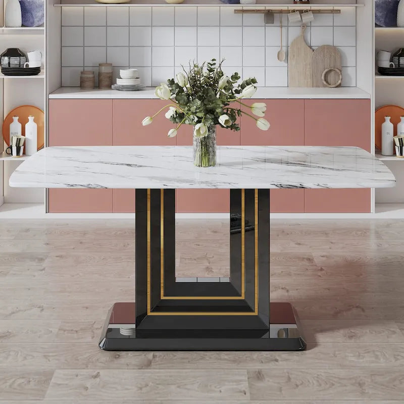 Elegant Dining Table with White Imitation Marble Top, Black MDF Legs Featuring Gold Accents, and a Stylish Black Base 3