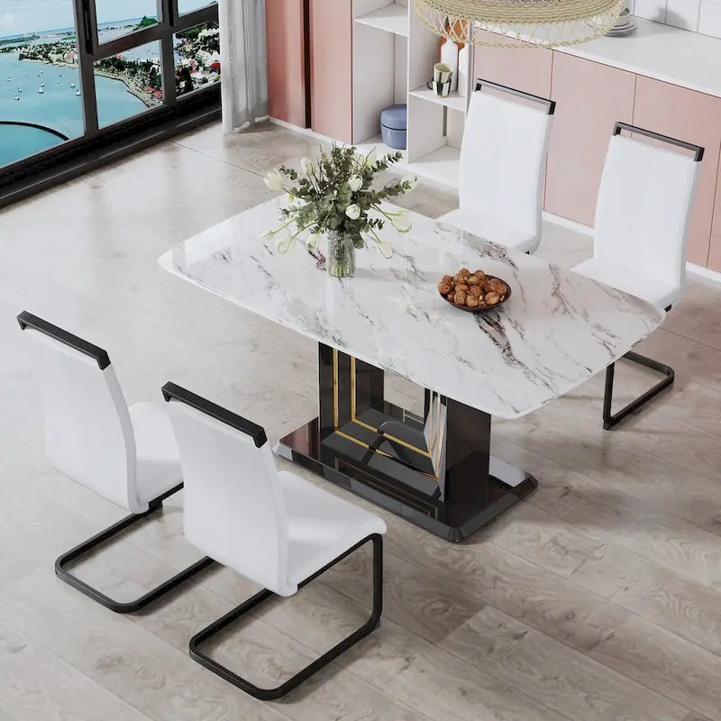 Elegant Dining Table with White Imitation Marble Top, Black MDF Legs Featuring Gold Accents, and a Stylish Black Base 4