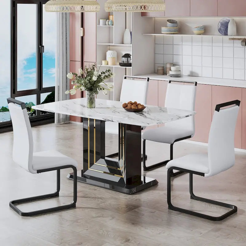 Elegant Dining Table with White Imitation Marble Top, Black MDF Legs Featuring Gold Accents, and a Stylish Black Base 5