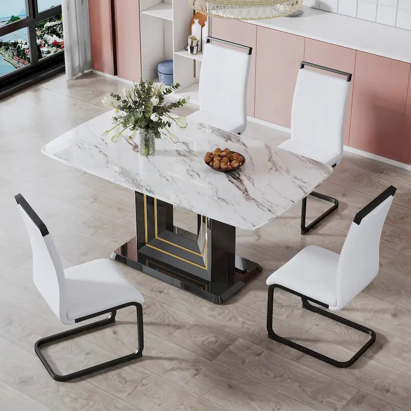Elegant Dining Table with White Imitation Marble Top, Black MDF Legs Featuring Gold Accents, and a Stylish Black Base 6