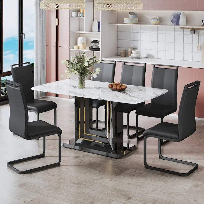 Elegant Dining Table with White Imitation Marble Top, Black MDF Legs Featuring Gold Accents, and a Stylish Black Base 7