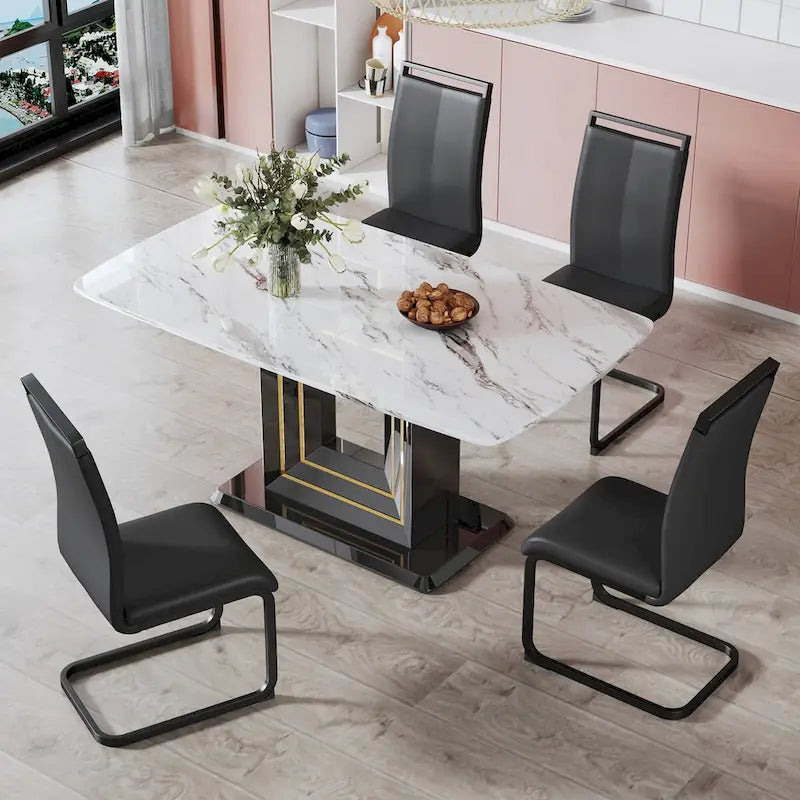 Elegant Dining Table with White Imitation Marble Top, Black MDF Legs Featuring Gold Accents, and a Stylish Black Base 8