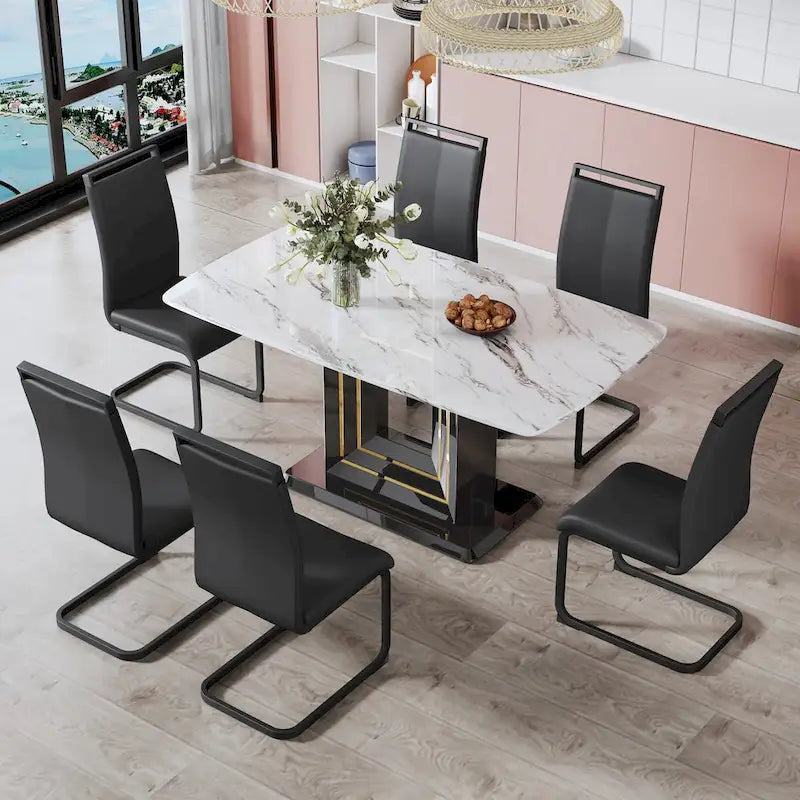 Elegant Dining Table with White Imitation Marble Top, Black MDF Legs Featuring Gold Accents, and a Stylish Black Base 9