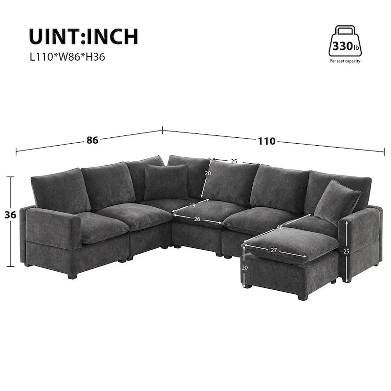 Nestfair Contemporary U-Shaped Modular Sofa Set - 7-Seater Chenille Sectional Couch with 2 Included Pillows 8