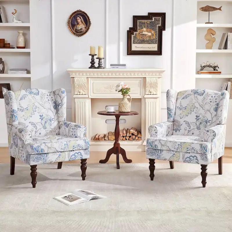 Set of 2 Accent Armchairs with Turned Legs in Blue, Beige, and Grey 3