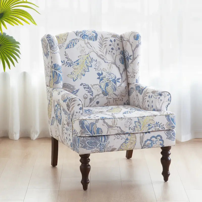 Set of 2 Accent Armchairs with Turned Legs in Blue, Beige, and Grey 13
