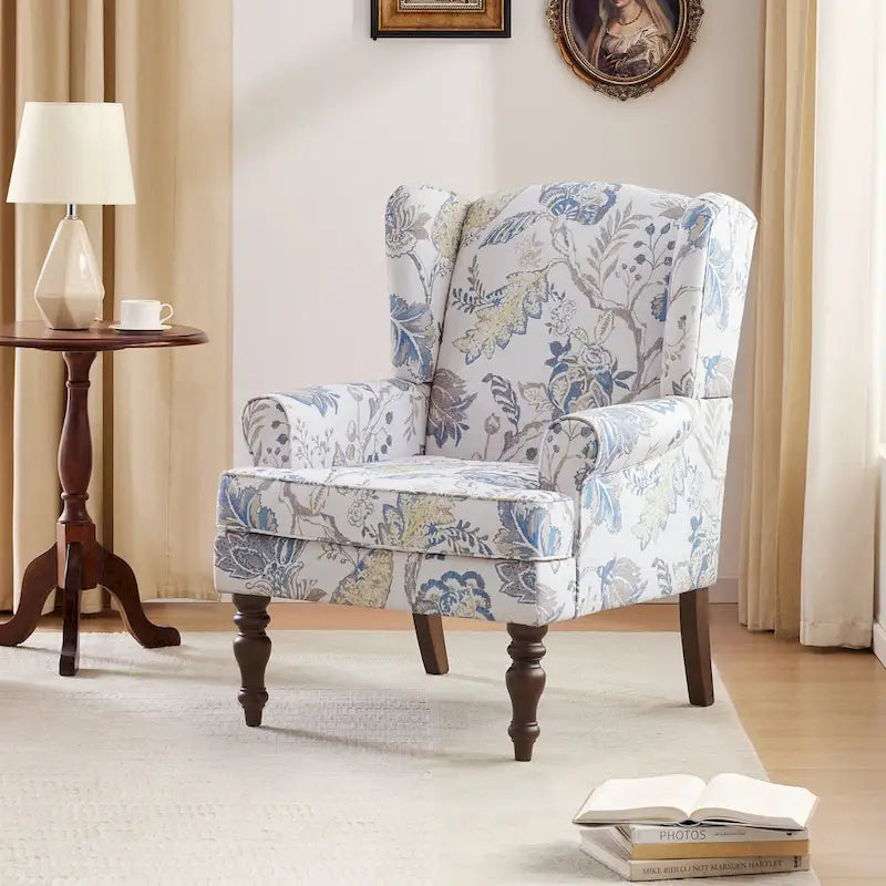 Set of 2 Accent Armchairs with Turned Legs in Blue, Beige, and Grey 14
