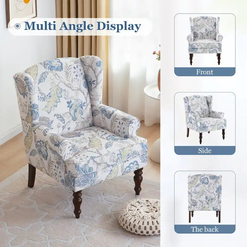 Set of 2 Accent Armchairs with Turned Legs in Blue, Beige, and Grey 15